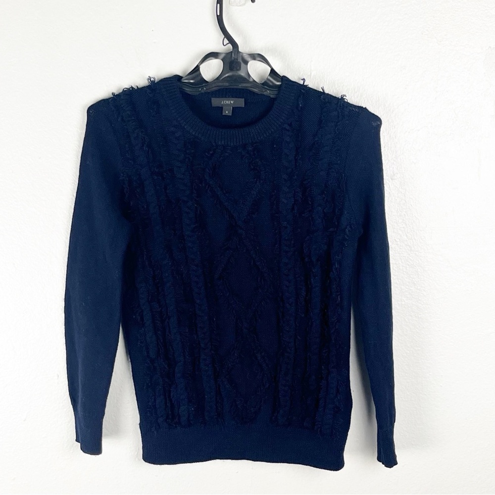 J. CREW Navy 100% Merino Wool Cable Knit Fringe Long Sleeves Sweater, Size Small